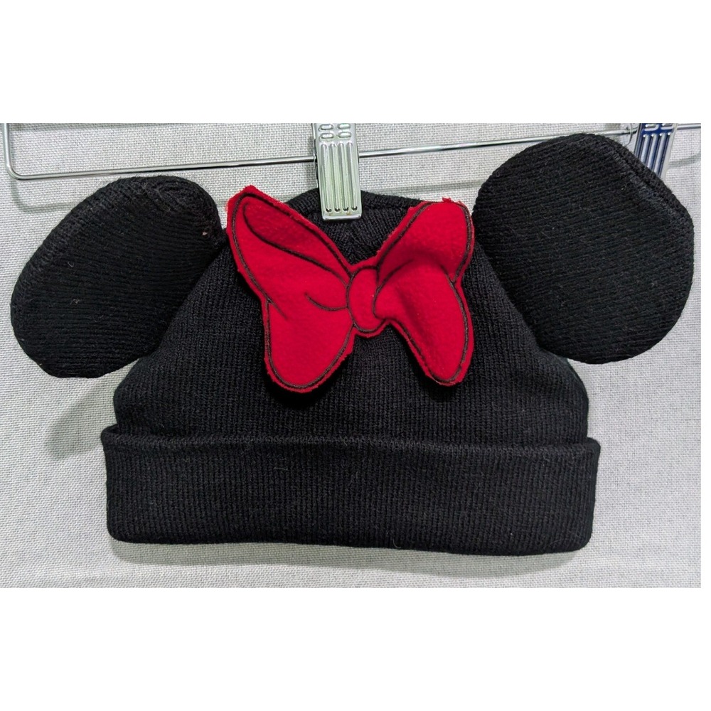 Disney Minnie Mouse Beanie Kids OS Black Excellent 3D Ears Red Bow Knit Hat